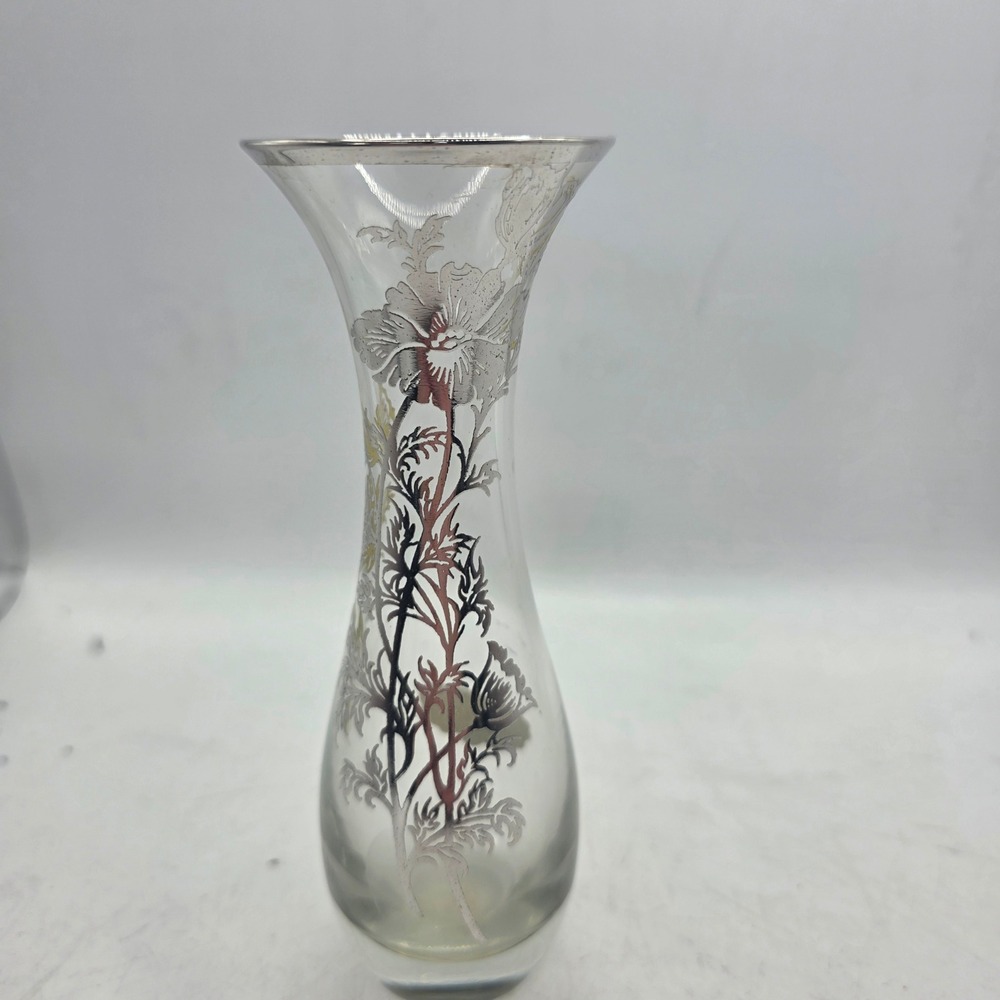 Vintage Sterling Silver Overlay Clear Glass Vase Floral Poppy Flared Rim